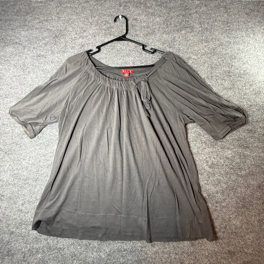 Elle Womens XL Grey Pima Cotton Modal Blend Short‎ Sleeve Tie Neck Blouse Top